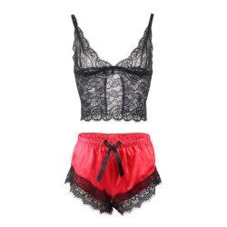 SUBBLIME - 953959 CAMISO DE SEDA CASUAL + PANTALONES DE ENCAJE NEGRO/ROJO TALLA S/M