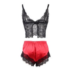 SUBBLIME - 953966 Camisón informal de seda + pantalones de encaje negro/rojo L/XL
