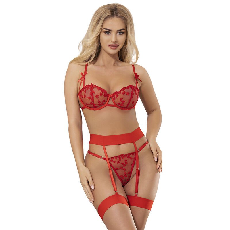 SUBBLIME - 954338 SUJETADOR + TANGA + LIGUERO CON ESTAMPADO DE CORAZONES ROJO L/XL