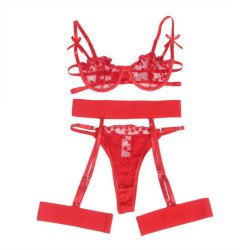 SUBBLIME - 954338 SUJETADOR + TANGA + LIGUERO CON ESTAMPADO DE CORAZONES ROJO L/XL