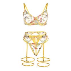 SUBBLIME - 954352 SUJETADOR + TANGA + LIGUERO DISEÑO FLORAL AMARILLO L/XL