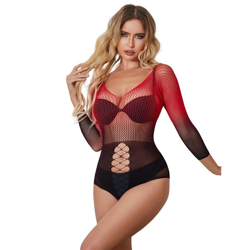 SUBBLIME - 952259 BODYSTOCKING DE REJILLA ELSTICO MANGA LARGA DEGRADADO ROJO Y NEGRO TALLA ÚNICA