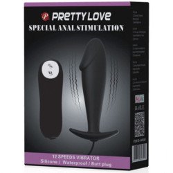 PRETTY LOVE - TAPÓN ANAL DE SILICONA CON FORMA DE PENE Y 12 MODOS DE VIBRACIÓN, COLOR NEGRO