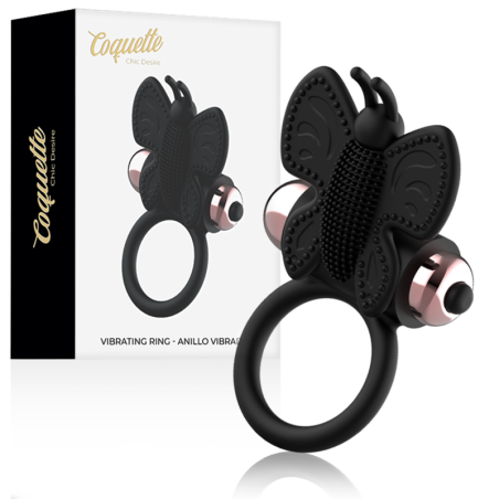 COQUETTE CHIC DESIRE - ANILLO PARA PENE CON FORMA DE MARIPOSA Y VIBRADOR NEGRO/DORADO