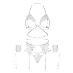 LEG AVENUE - SET CUATRO PIEZAS SUJETADOR, LIGUERO, TANGA Y PUÑOS TALLA UNICA - BLANCO