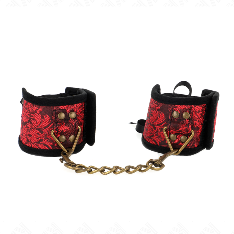 SUJECIONES DE MUÑECA KINK - SCANDAL, DETALLES DE ENCAJE ROJO Y NEGRO, 24,5 CM X 6,5 CM