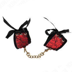 SUJECIONES DE MUÑECA KINK - SCANDAL, DETALLES DE ENCAJE ROJO Y NEGRO, 24,5 CM X 6,5 CM