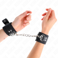 KINK - SUJECIONES DE MUÑECA DE NYLON NEGRO CON CINTURÓN DE CUERO NEGRO AJUSTABLE 19-29 CM X 5.1 CM