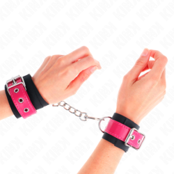 KINK - SUJECIONES DE MUÑECA DE NYLON NEGRO CON CINTURÓN DE PIEL SINTÉTICA COLOR FRAMBUESA Y ROSA AJUSTABLE 19-29 CM X 5.1 CM