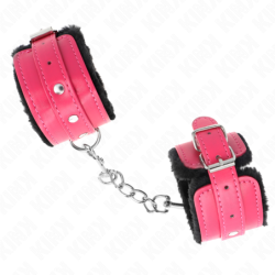 KINK - SUJECIONES DE MUÑECA FORRADAS CON PIEL PREMIUM NEGRAS CON CINTURÓN ROSA FRAMBUESA AJUSTABLE 17-29 CM X 6 CM