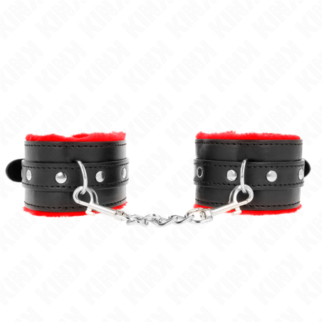 KINK - SUJECIONES DE MUÑECA PREMIUM FORRADAS EN PIEL ROJA CON CINTURÓN NEGRO AJUSTABLE 17-29 CM X 6 CM