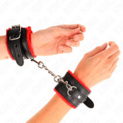 KINK - SUJECIONES DE MUÑECA PREMIUM FORRADAS EN PIEL ROJA CON CINTURÓN NEGRO AJUSTABLE 17-29 CM X 6 CM