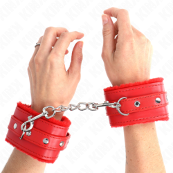 KINK - SUJETADORES DE MUÑECA PREMIUM FORRADOS DE PIEL ROJOS CON CINTURÓN ROJO AJUSTABLE DE 17-29 CM X 6 CM