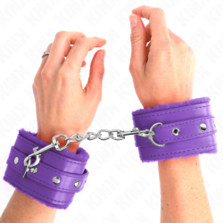 KINK - SUJETADORES DE MUÑECA PREMIUM FORRADOS DE PIEL MORADA CON CINTURÓN MORADO AJUSTABLE 17-29 CM X 6 CM