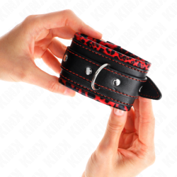 SUJETADORES DE MUÑECA KINK - FORRADOS DE PIEL ROJOS/NEGROS AJUSTABLES 17-29 CM X 6 CM