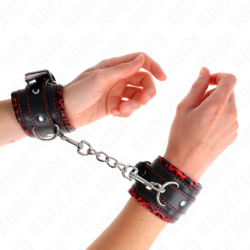 SUJETADORES DE MUÑECA KINK - FORRADOS DE PIEL ROJOS/NEGROS AJUSTABLES 17-29 CM X 6 CM