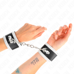 KINK - SUJECIONES DE MUÑECA NEGRAS CON ENCAJE BLANCO DECORADO AJUSTABLES 20-23 CM X 5,5 CM