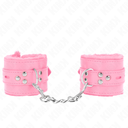 KINK - SUJETADORES DE MUÑECA FORRADOS DE PIEL CON AGUJEROS CUADRADOS ROSA Y CINTURÓN ROSA AJUSTABLE 17-29 CM X 6 CM