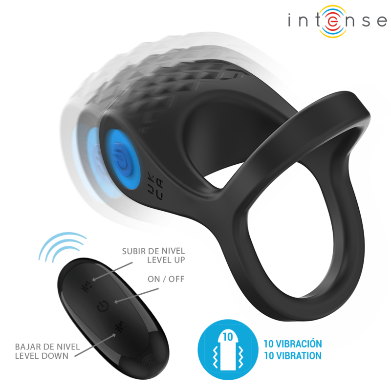 INTENSO - ANILLO DOBLE PARA PENE VIBRADOR ALEX 10 VIBRACIONES NEGRO