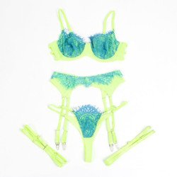 SUBBLIME - 955311 CONJUNTO DE SUJETADOR CON ENCAJE Y LIGUEROS VERDE Y AZUL S/M
