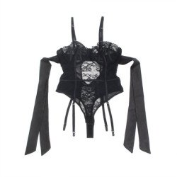 SUBBLIME - 955496 BODY DE ENCAJE CON LAZOS Y LIGUEROS NEGRO S/M