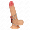 KINK - ANILLO PARA PENE TRIPLE DE METAL DE 3,7 CM A 5 CM CONECTADO CON CUERO ROJO