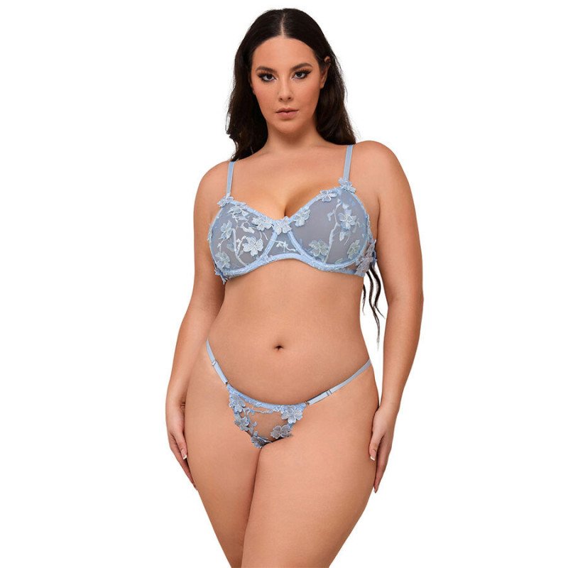 SUBBLIME - 957636 CONJUNTO DE SUJETADOR Y BRAGUITAS BORDADOS CON FLORES AZUL CIELO TALLA L/XL