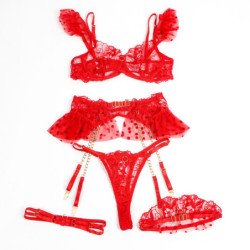 SUBBLIME - 957506 CONJUNTO DE SUJETADOR Y LIGUERO DE ENCAJE ROJO TALLA S/M