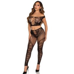 LEG AVENUE - TOP CORTO Y LEGGING DE RED CON HOMBROS AL DESCUBIERTO NEGRO