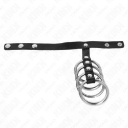 KINK - 4 ANILLOS METÁLICOS PARA PENE DE 3,8 CM CONECTADOS CON UNA CORREA DE CUERO DE 22 X 1,5 CM Y CIERRE A PRESIÓN