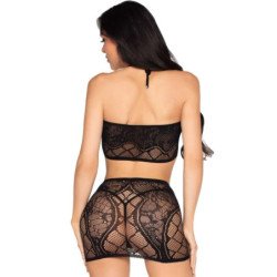 LEG AVENUE - 81676 SET TOP + MINIFALDA DE ENCAJE NEGRO - TALLA ÚNICA