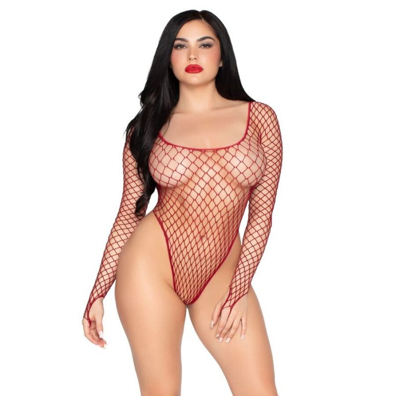 LEG AVENUE - 89377 BODYSUIT DE RED INDUSTRIAL DE CORTE ALTO ROJO - TALLA ÚNICA