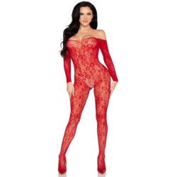 LEG AVENUE - 89366 BODYSTOCKING DE LENCERÍA DE ENCAJE ROJO - TALLA ÚNICA