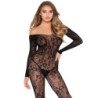 LEG AVENUE - 89366 BODYSTOCKING DE LENCERÍA DE ENCAJE NEGRO - TALLA ÚNICA