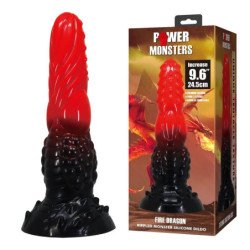 POWER MONSTERS - DILDO DE FANTASÍA DRAGÓN DE FUEGO CON VENTOSA 24,5 CM Ø 5,8 CM ROJO Y NEGRO
