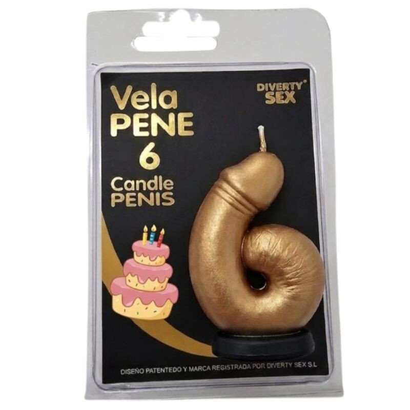 DIABLO PICANTE - VELA CON FORMA DE PENE EN FORMA DEL NÚMERO 6, COLOR DORADO