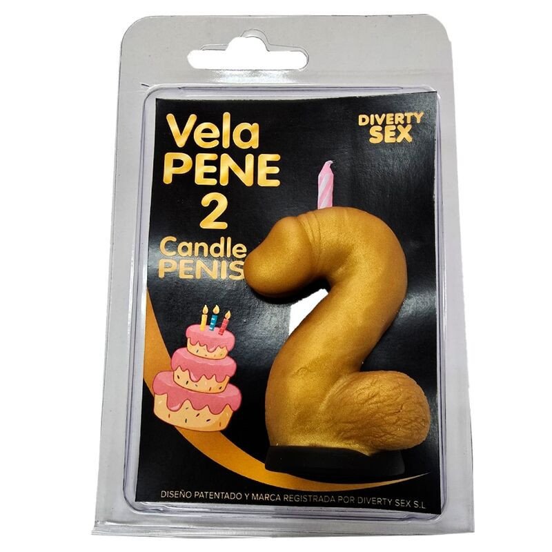 DIABLO PICANTE - VELA CON FORMA DE PENE EN EL NÚMERO 2, COLOR DORADO